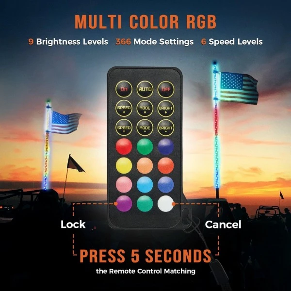 Kemimoto 5FT UTV ATV Spiral Whip Light With RF Remote Control Or Bluetooth Control (2pcs) - Image 2