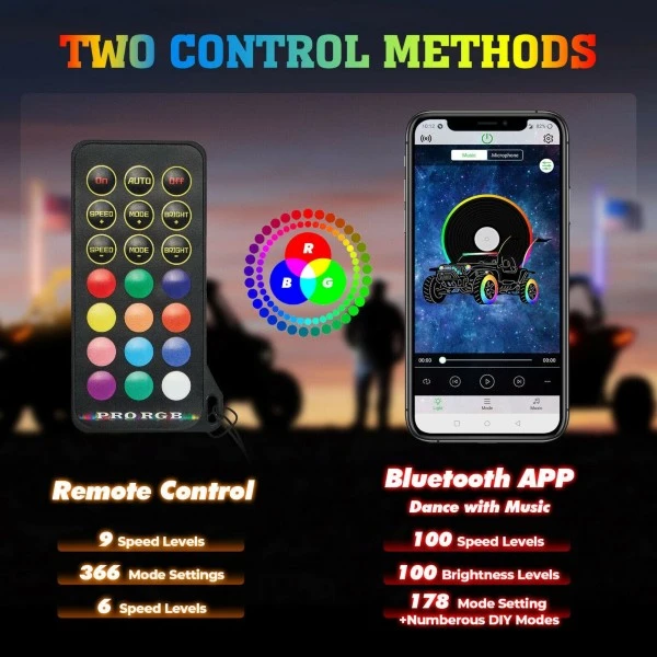 Kemimoto 5FT UTV ATV Spiral Whip Light With RF Remote Control Or Bluetooth Control (2pcs) - Image 3