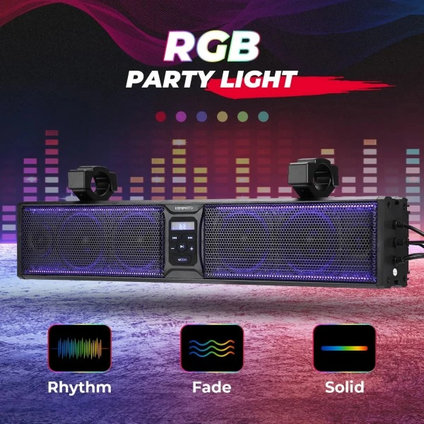 Kemimoto UTV Sound Bar RGB 26'' Bluetooth Multicolor Lights 500W Amplifier 1.75''-2'' Roll Bar - Image 2