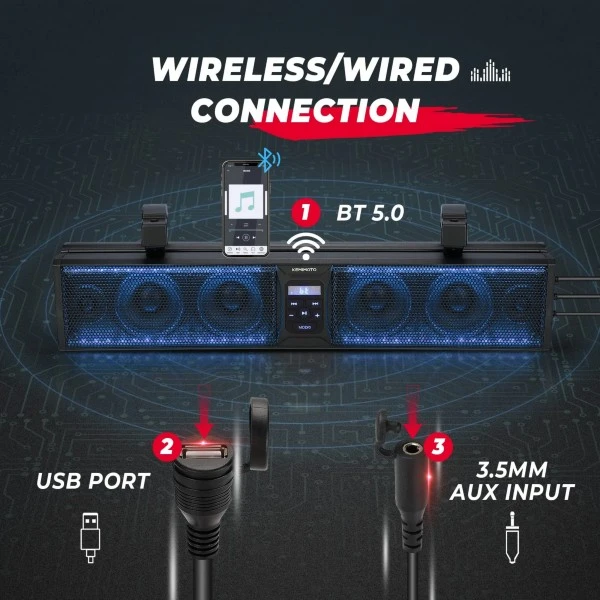 Kemimoto UTV Sound Bar RGB 26'' Bluetooth Multicolor Lights 500W Amplifier 1.75''-2'' Roll Bar - Image 4