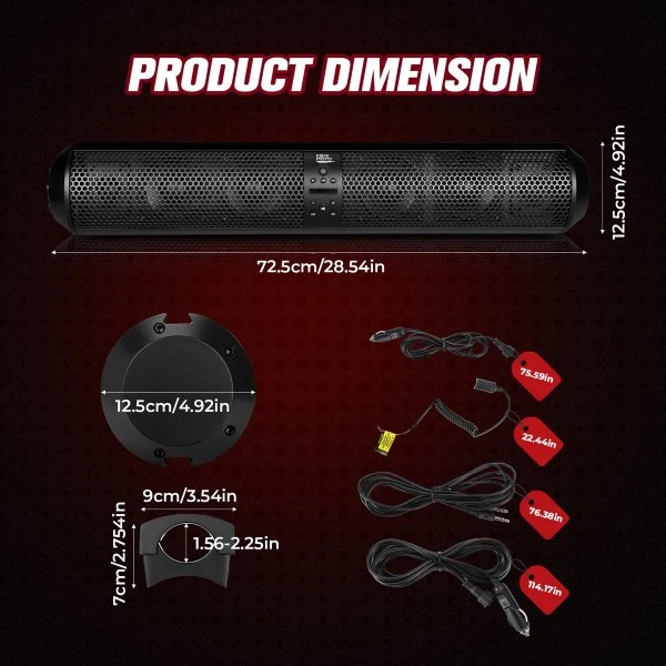 Kemimoto 6 Speaker UTV Bluetooth Sound Bar, 28 Inches Wide, IPX5 Waterproof, Bluetooth, Adapt To 1.56"-2.25" Roll Bar - Image 6